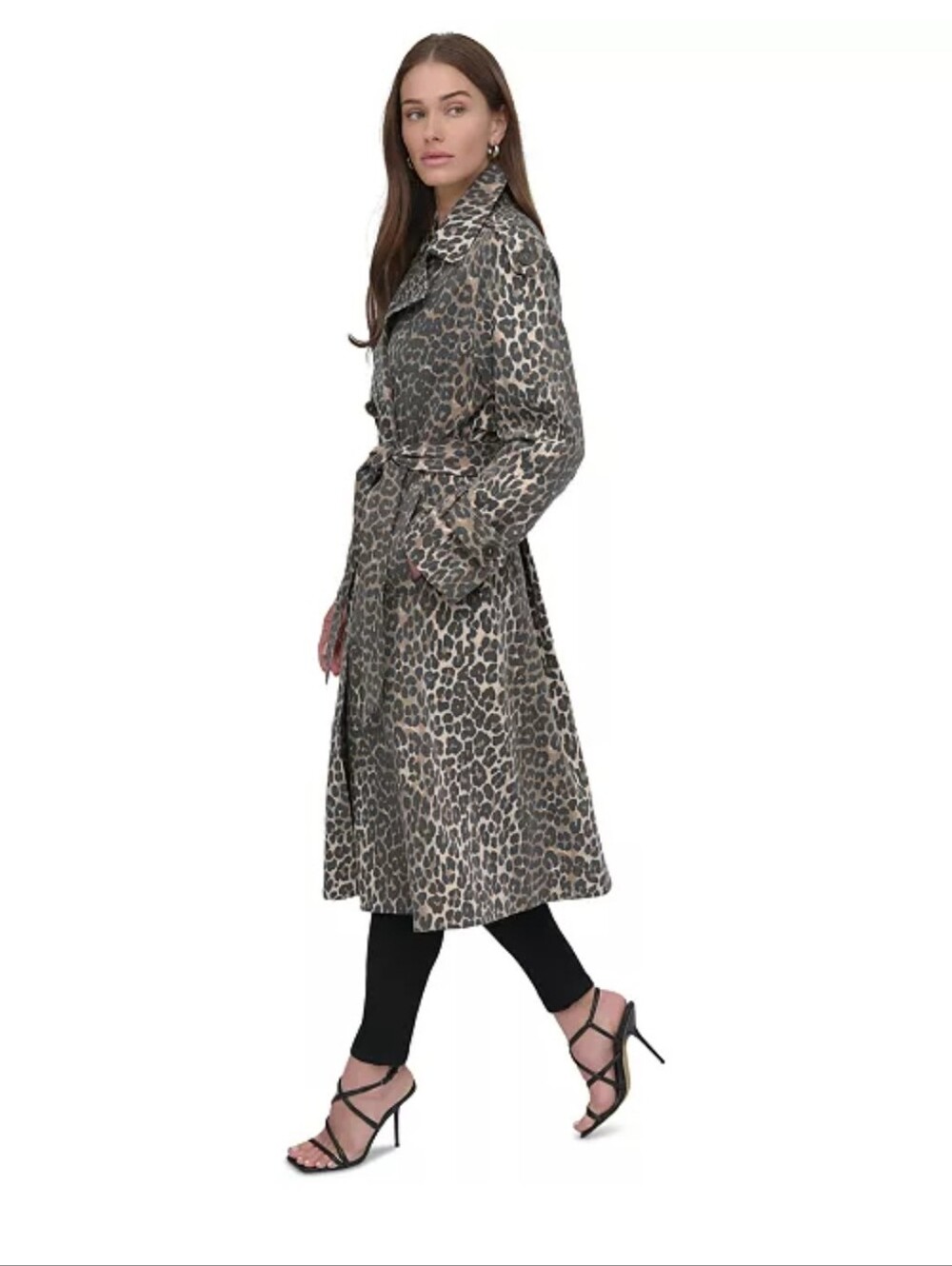DKNY Women's Belted Double-Breasted Trench Coat In The Color Leopard - Picture 9 of 15